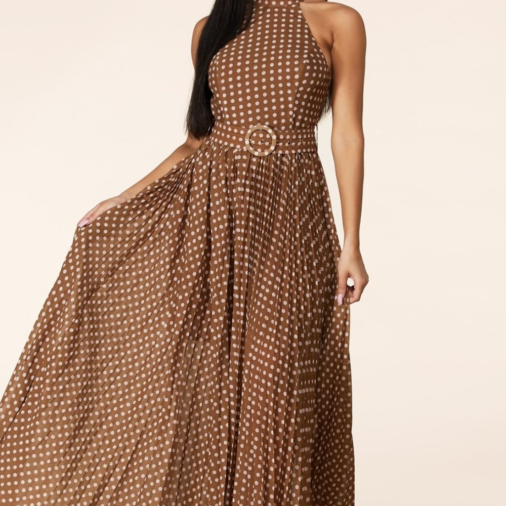 BROWN PLEATED MOCK NECK MAXI WITH PINK POLKA DOTS - Picture 6 of 7